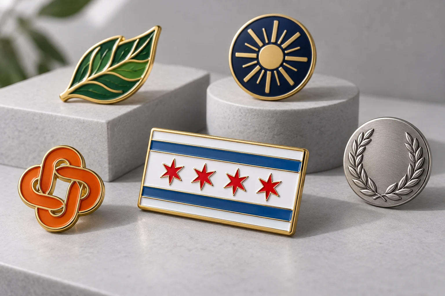 Illustrative custom lapel pin designs in enamel, gold, and silver finishes